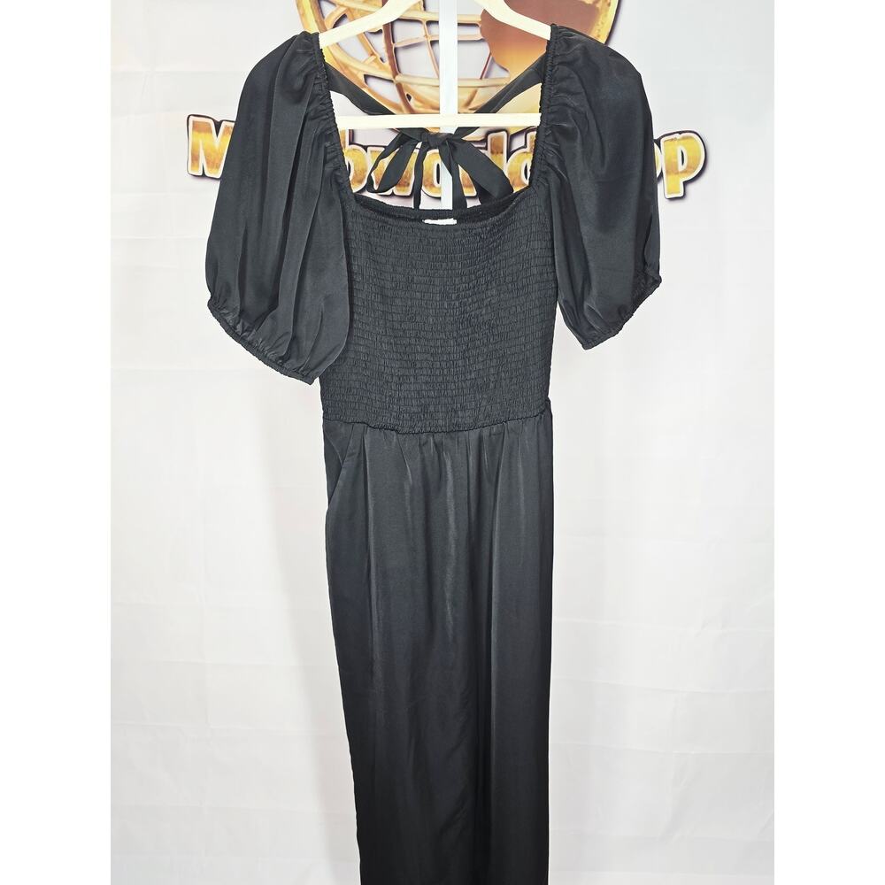 Welove Fashion Black Puff Sleeve Smocked Romper Jumpsuit Large